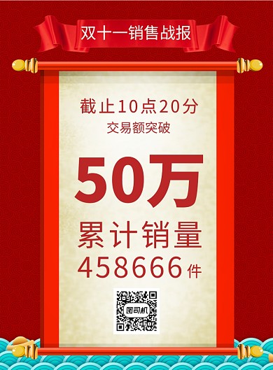 红色喜庆双十一销售战报宣传海报