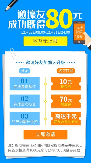 蓝色创意邀请好友金融理财手机海报
