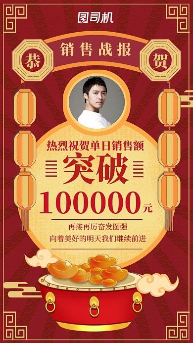 红色中式喜庆鼓元宝销售战报手机海报