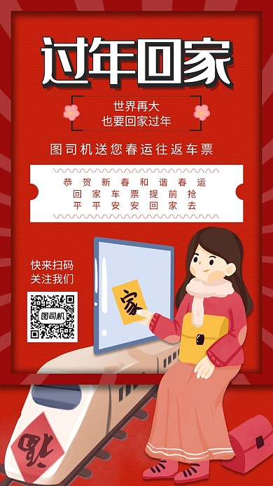 红色大气过年回家手机海报