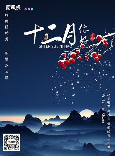 蓝色红果雪花景色日出冬十二月海报