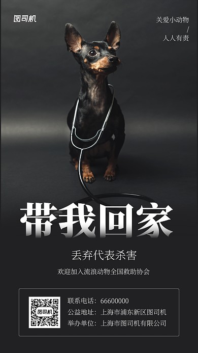 黑色简约关爱小动物手机海报