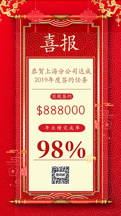 红色喜庆业绩达标喜报主题宣传手机海报