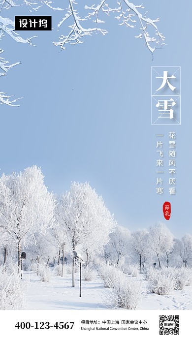 唯美清新简约大雪传统节气手机海报模板