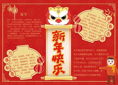 红色创意新年快乐小报