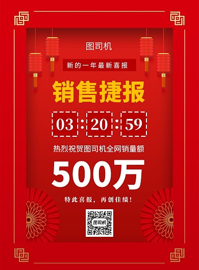 中国风红色简约销售额喜报宣传海报
