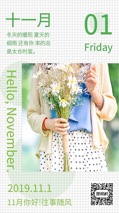 淡绿色小清新女孩11月你好日签手机海报