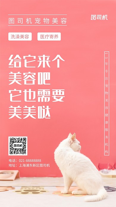 粉色小清新宠物美容机构手机海报