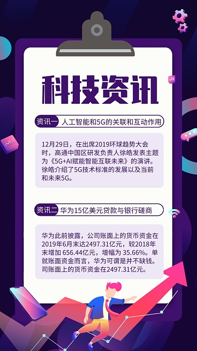 紫色扁平风科技资讯新闻快报手机海报