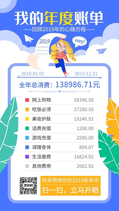 蓝色卡通插画年度消费账单手机海报
