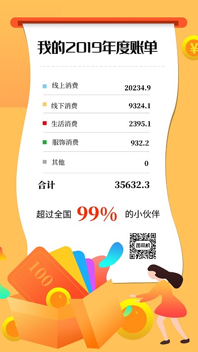 橙色插画年度账单手机海报