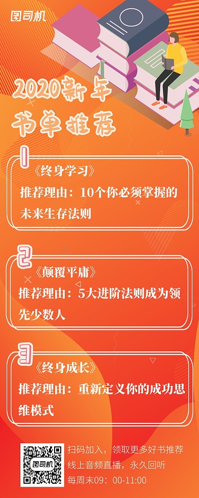 橘色清新简约新年书单推荐手机海报