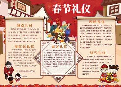 春节礼仪宣传小报红色喜庆创意卡通