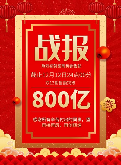 红色喜庆双十二销售额战报宣传海报