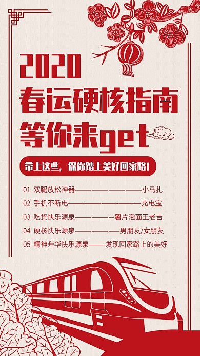 创意剪纸风春运硬核指南手机海报
