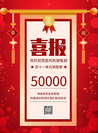 红色喜庆双十一销售额喜报宣传海报