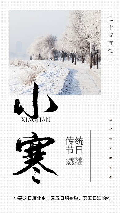 白色书签风节气小寒手机海报