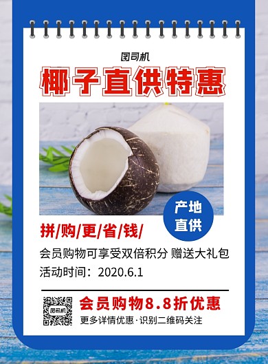 椰子上市拼购优惠印刷海报