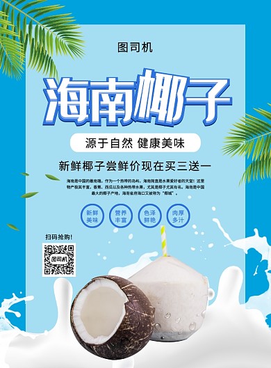 蓝色简约创意海南椰子促销海报