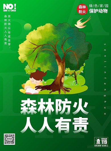 卡通大树森林防火绿色印刷海报