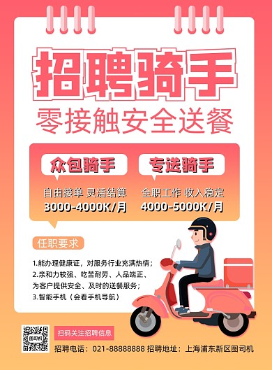 黄色扁平化渐变招聘外卖骑手海报