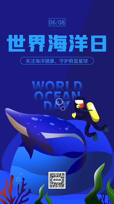 世界海洋日蓝色扁平手机海报