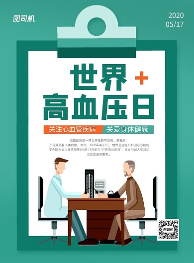 绿色卡通世界高血压日宣传海报