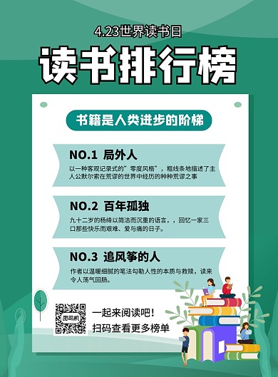 读书排行榜世界读书日绿色简约海报
