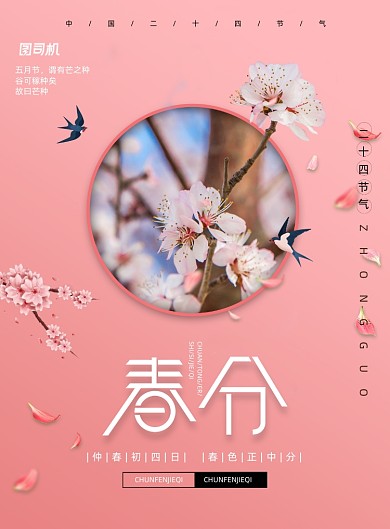 粉色唯美樱花二十四节气春分宣传海报