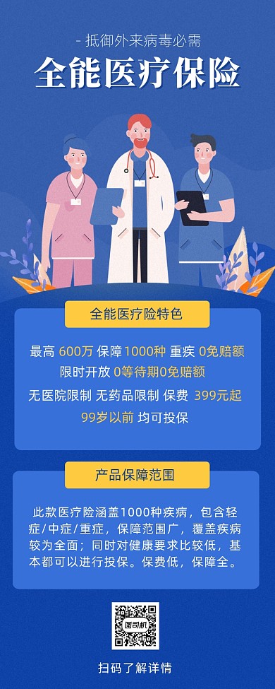 简约风卡通保险投放长图海报