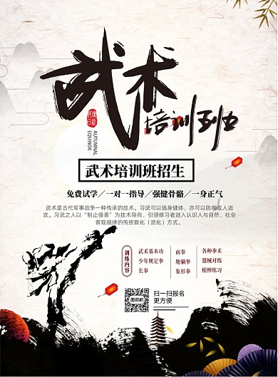 中国风武术培训班印刷海报