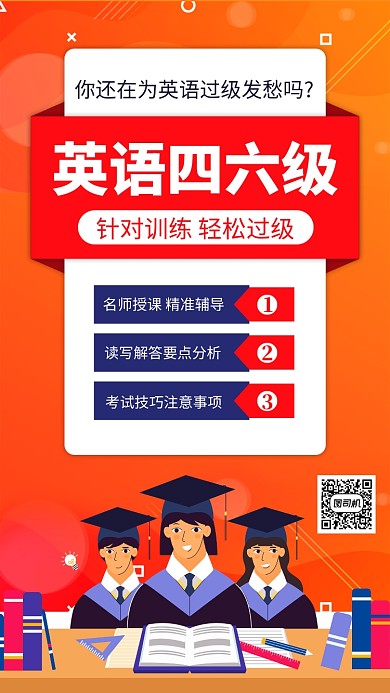 橙色英语四六级手机海报