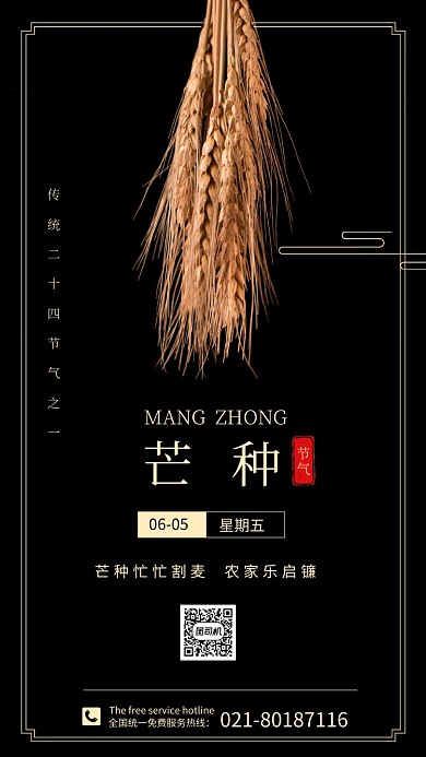 芒种节气黑金宣传手机海报