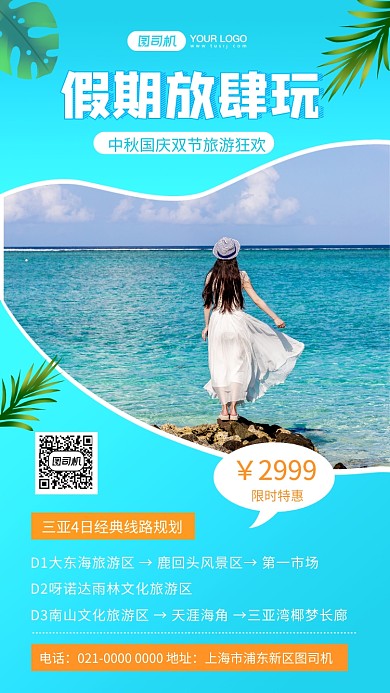 假期放肆玩蓝色简约旅游宣传手机海报