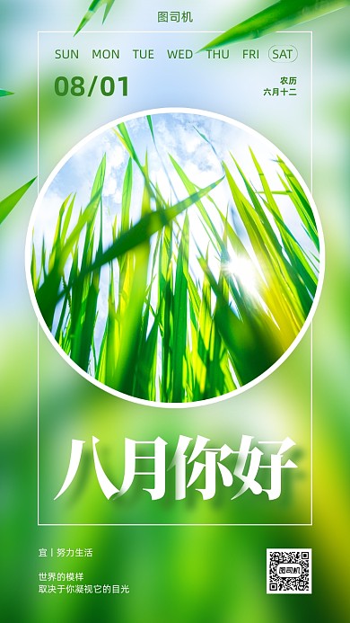 八月你好创意清新日签手机海报