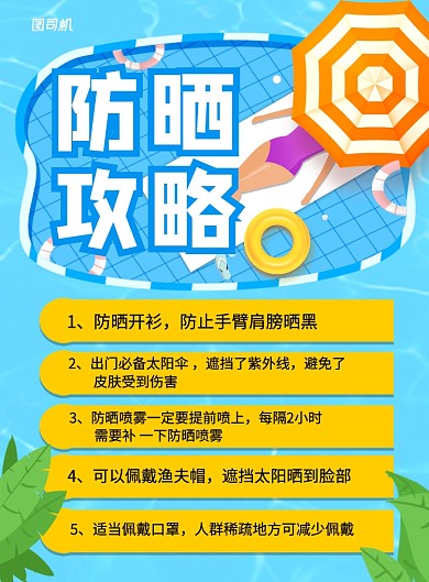 蓝色卡通夏季防晒攻略宣传海报