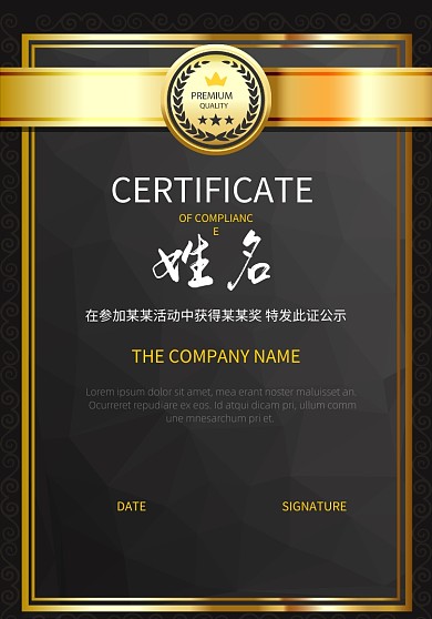 大气黑金色创意商务认证证书