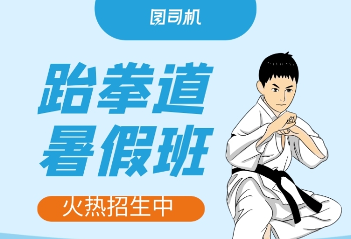 蓝色卡通跆拳道暑假班招生易拉宝