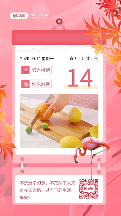 早安粉色浪漫日签手机海报
