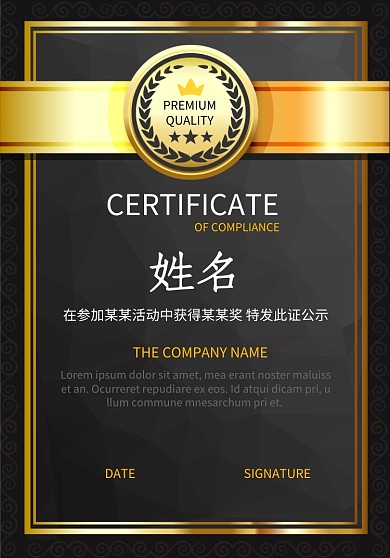 高端大气黑金色创意商务认证证书