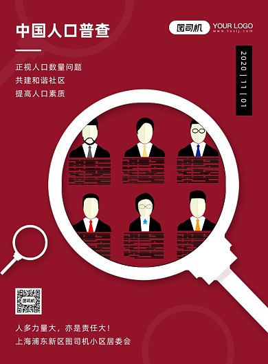 红色扁平化简约人口普查公益海报