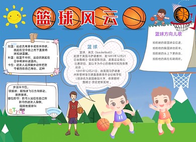 蓝色卡通篮球风云电子小报手抄报