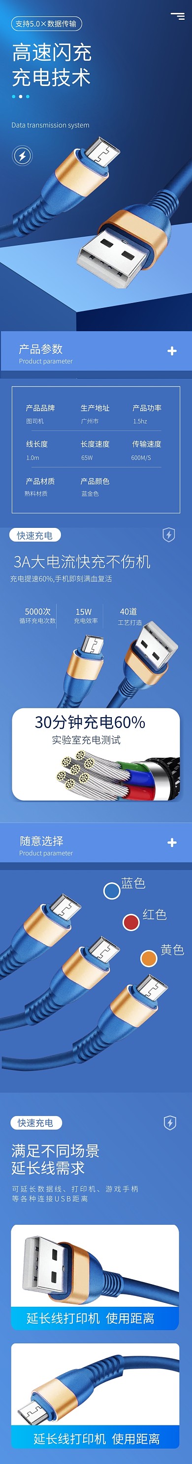 简约蓝色数码电子数据线详情页