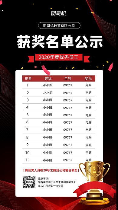 企业优秀员工获奖名单宣传海报