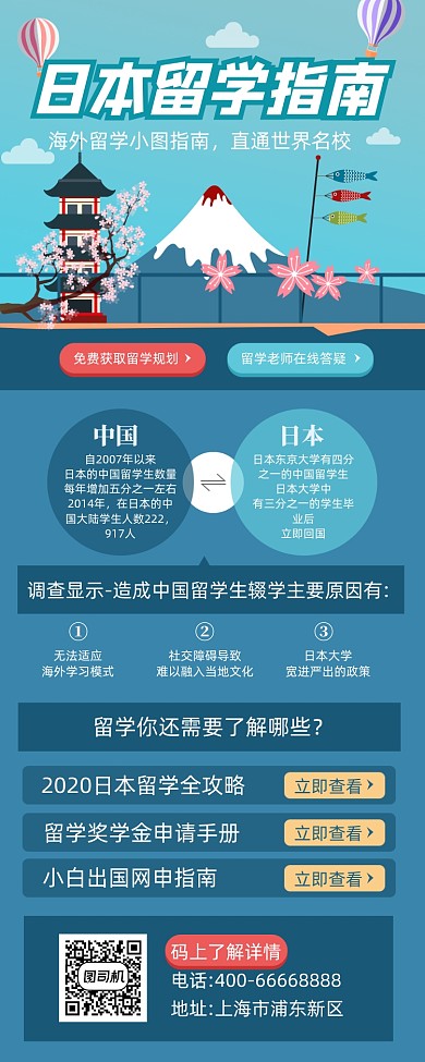日本留学指南简约插画手机长图