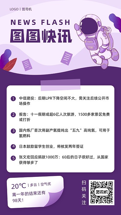 早报快讯紫色简约卡通手机海报