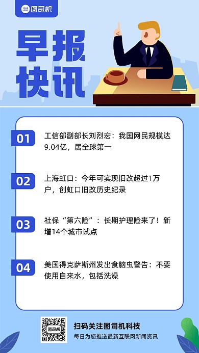 早报快讯蓝色商务风卡通手机海报