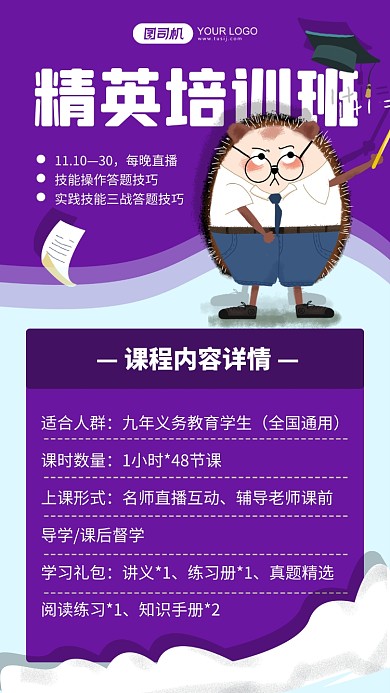 精英培训班紫色插画手机海报