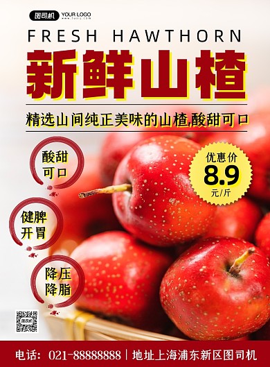 餐饮美食红色简约时令水果山楂印刷海报