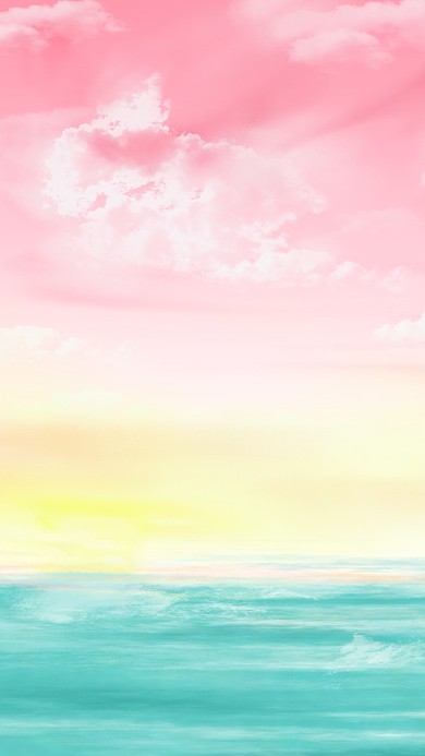 黄昏海平面粉色天空云朵插画手机壁纸